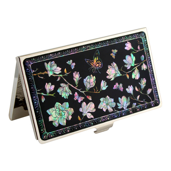 MOP White Magnolia Flower Design Business Name Credit ID Card Holder Case Wallet