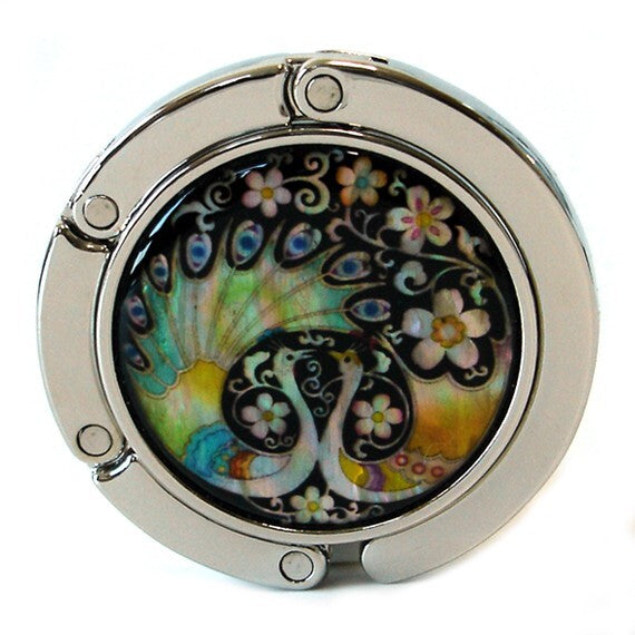 Mother of Pearl Peacock Table Fold Purse Caddy Handbag Bag Holder Hanger Hook
