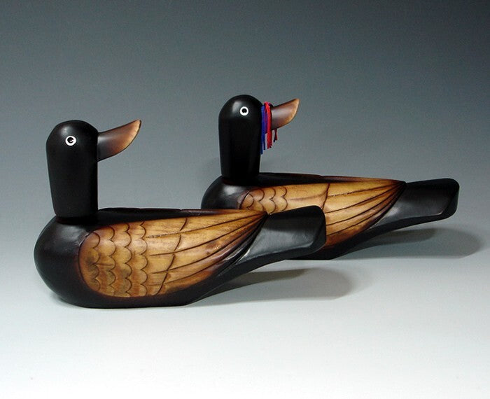 Wooden Wood Carved Geese Duck Figurine Deco Birds Pair