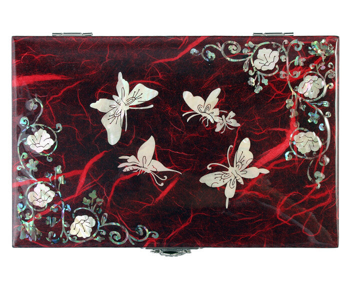 Mother of Pearl Butterfly Wood Red Small Mini Treasure Jewelry Trinket Box Chest