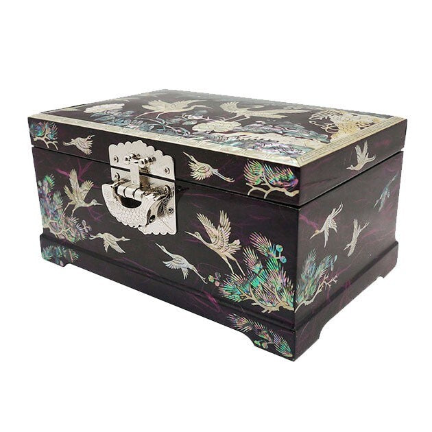 Mother of Pearl Wood Lock Key Jewelry Treasure Chest Box Storage Case Organizer