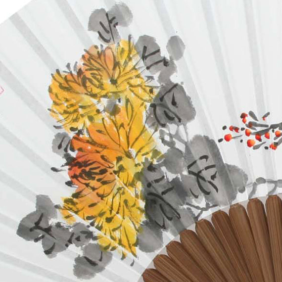 Handpaint Folding Paper Yellow Flower Painting Bamboo Wood Wall Hand Art Fan 