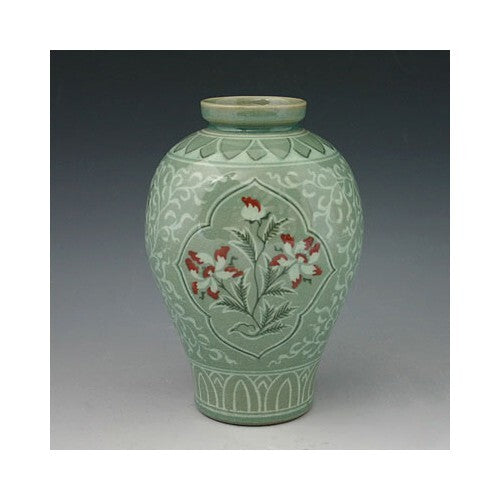 Korean Celadon Green Porcelain Ceramic Art Pottery Red Flower Asian Decor Vase