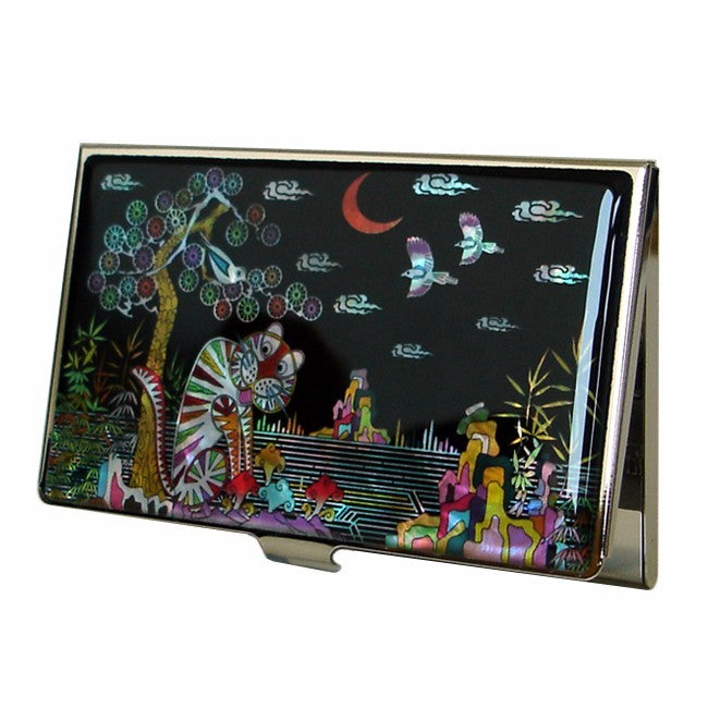 Mother of Pearl Tiger Bird Business Credit Name Slim ID Card Case Holder Wallet 