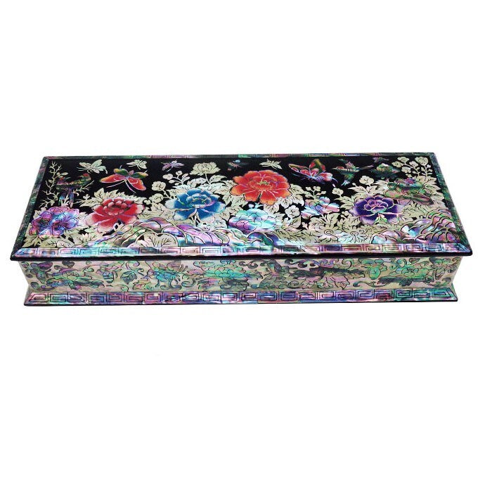 Mother of Pearl Inlay Desk Wood Pen Pencil Brush Holder Lid Case Box Organizer