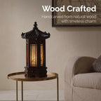 Hexagonal Carved Wood Lantern Brown Art Deco Bedside Bedroom Table Lamp Light