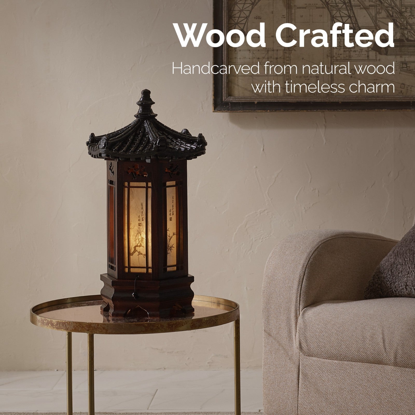Hexagonal Carved Wood Lantern Brown Art Deco Bedside Bedroom Table Lamp Light