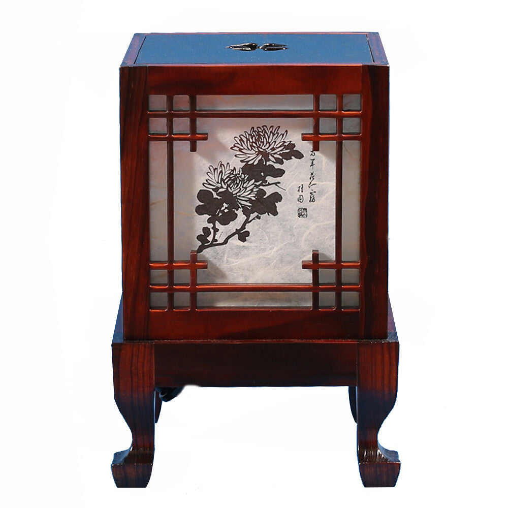 Carved Wood Art Home Deco Lantern Brown Square Bedside Bedroom Table Lamp Light