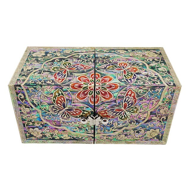 Mother of Pearl Inlay Butterfly Flower Wood Jewelry Box Keepsake Chest Gift Case