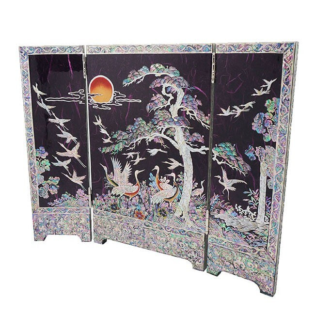Mother of Pearl Inlay Mini Folding Wood Screen Asian Wall Art Deco Home Accent