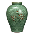 Korean Celadon Green Porcelain Ceramic Art Pottery Red Flower Asian Decor Vase