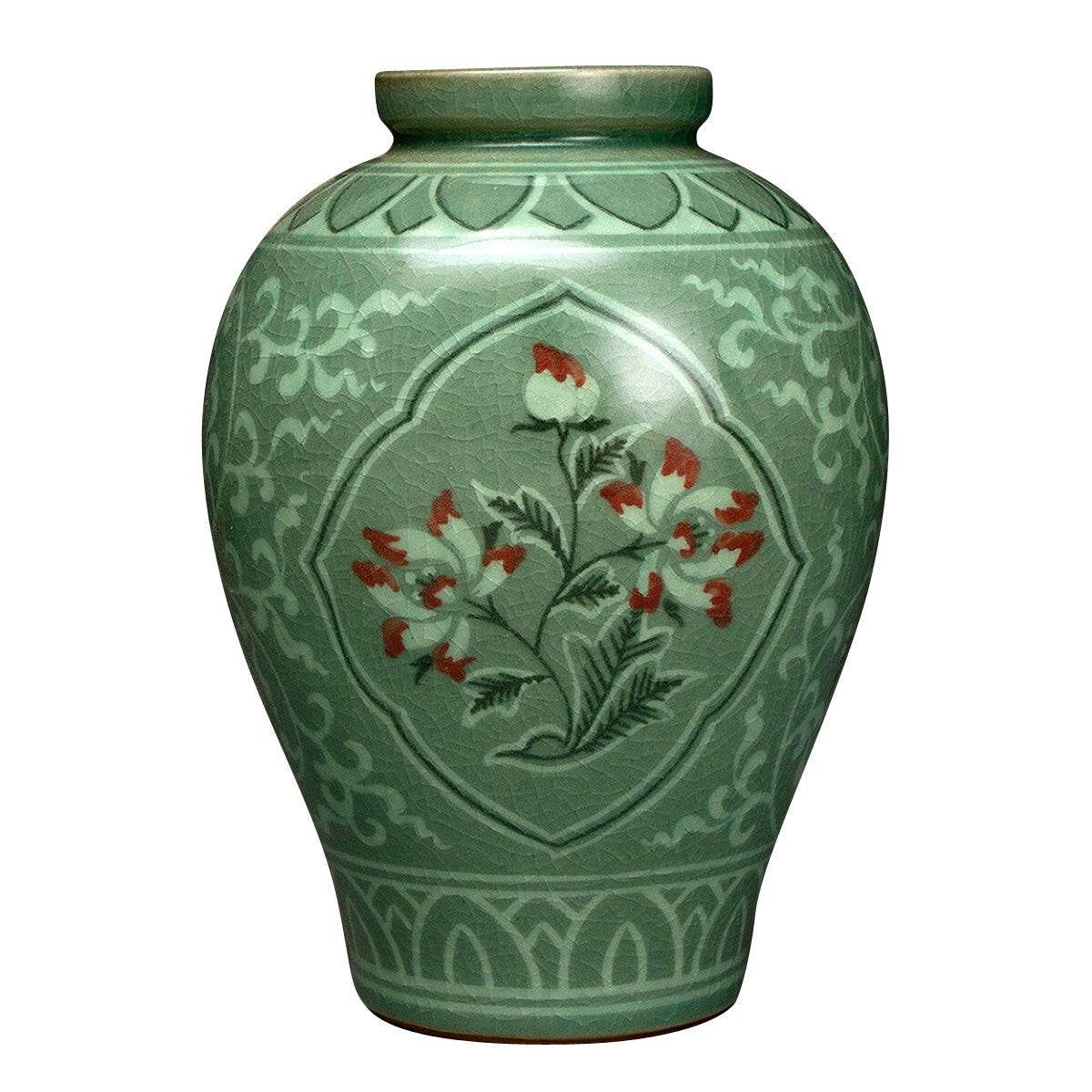 Korean Celadon Green Porcelain Ceramic Art Pottery Red Flower Asian Decor Vase