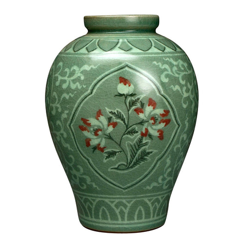 Korean Celadon Green Porcelain Ceramic Art Pottery Red Flower Asian Decor Vase