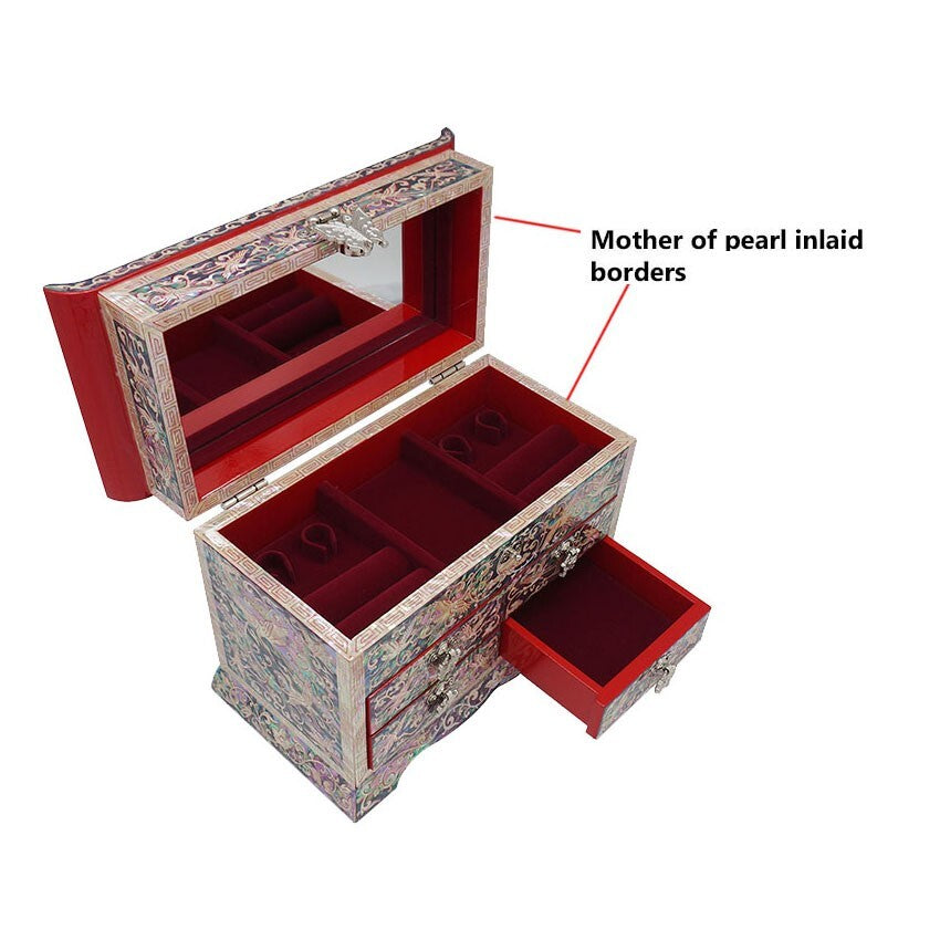 Mother of Pearl Asian Lacquer Wooden Jewelry Keepsake Treasure Chest Trinket Box