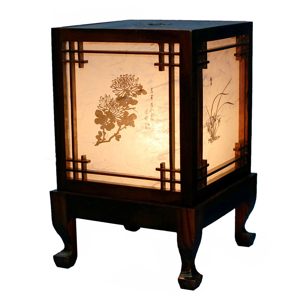 Carved Wood Art Home Deco Lantern Brown Square Bedside Bedroom Table Lamp Light