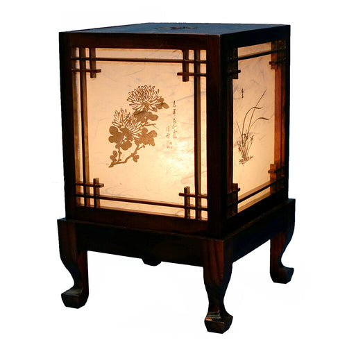 Carved Wood Art Home Deco Lantern Brown Square Bedside Bedroom Table Lamp Light