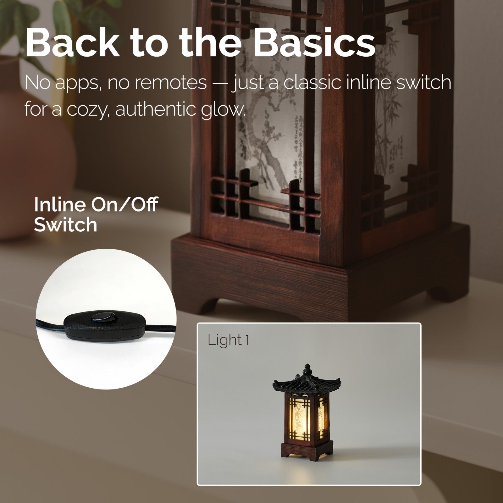 Carved Wood Lamp Lantern Brown Asian Bedside Bedroom Table Light Home Art Decor