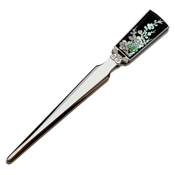 Mother of Pearl Black Flower Design Sword Stainless Steel Letter Envelope Opener