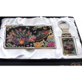 Mother of Pearl Peacock Design Keychain Key Ring Fob Name Card Case Holder Set 
