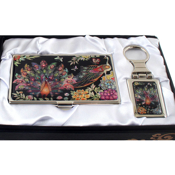 Mother of Pearl Peacock Design Keychain Key Ring Fob Name Card Case Holder Set 