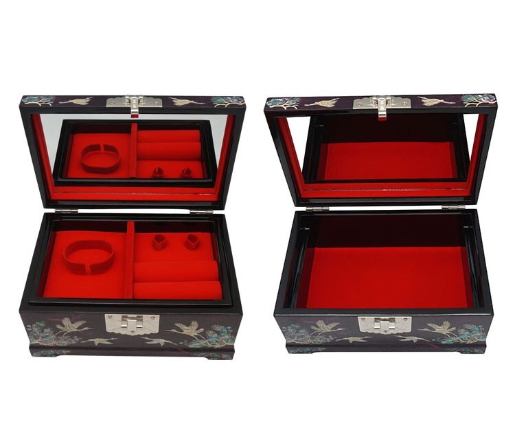 Mother of Pearl Wood Lock Key Jewelry Treasure Chest Box Storage Case Organizer
