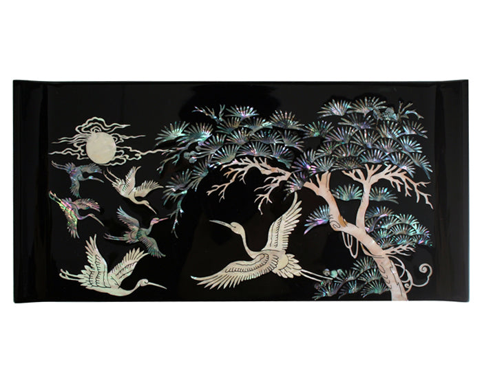 Mother of Pearl Inlay Asian Lacquer Wood Black Treasure Chest Jewelry Drawer Box