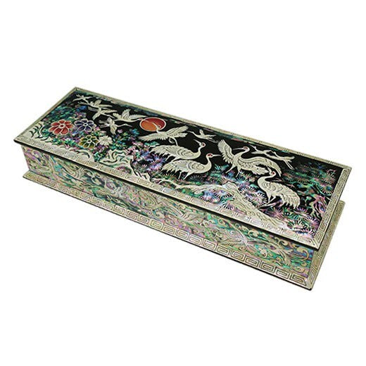Mother of Pearl Inlay Desk Wood Pen Pencil Brush Holder Lid Case Box Organizer