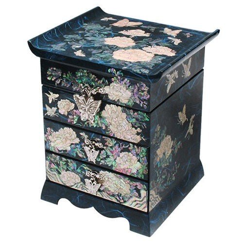 Mother of Pearl Blue Wood Jewelry Box Gift Trinket Keepsake Treasure Chest Case