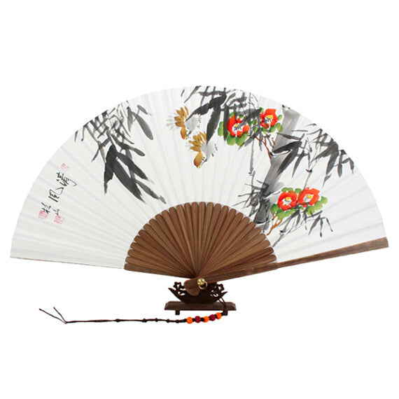 Hand Folding White Paper Bamboo Wall Art Home Deco Handmade Flower Painting Fan