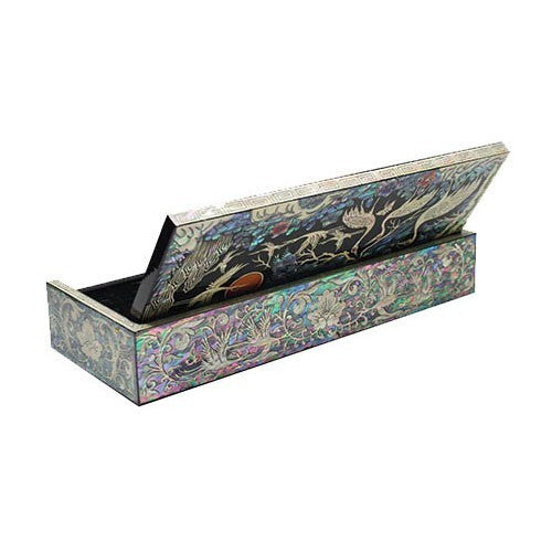 Mother of Pearl Inlay Desk Wood Pen Pencil Brush Holder Lid Case Box Organiz