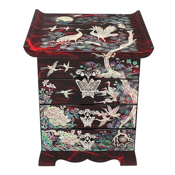 Mother of Pearl Red Wood Jewelry Ring Box Decorative Trinket Chest Case