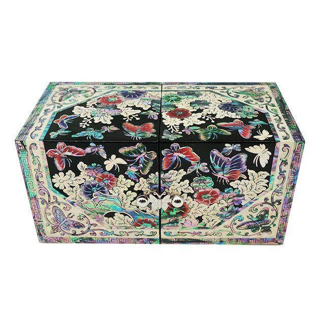 Mother of Pearl Butterfly Secret Treasure Jewelry Box Chest Ring Case Storage