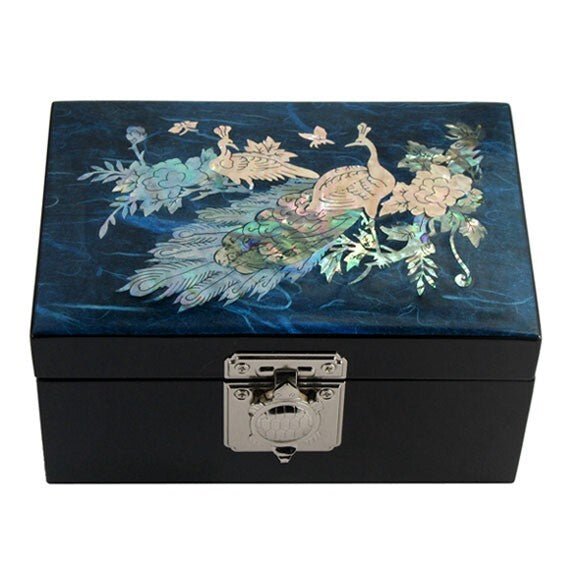 Mother of Pearl Peacock Jewelry Box Necklace Brooch Trinket Case Chest Holder