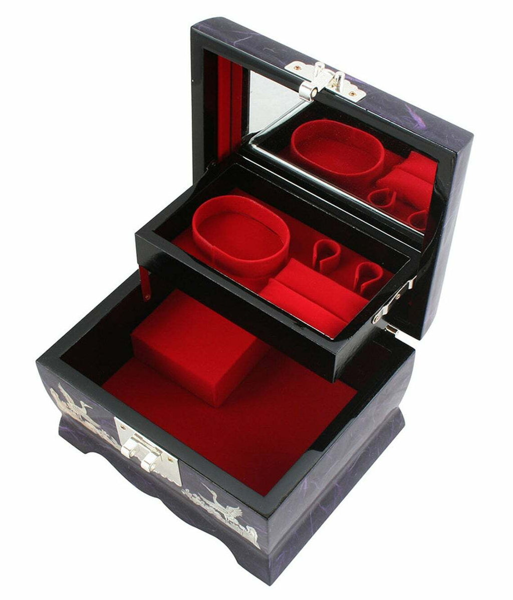 Mother of Pearl Inlay Wood Musical Jewelry Necklace Ring Music Treasure Box Case