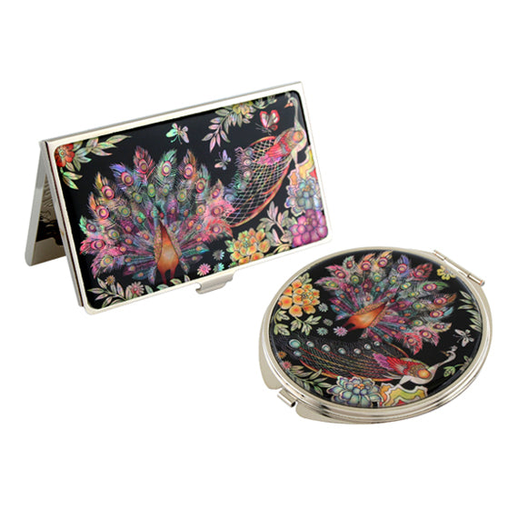 Mother of Pearl Peacock Design Business Card Case Compact Makeup Mirror Gift Set