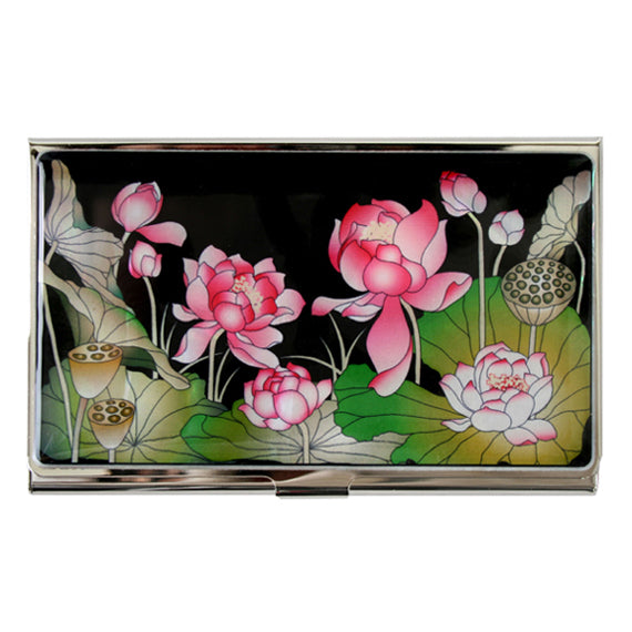 Mother of Pearl Pink Lotus Flower Design Business Credit Name Card Holder Case  