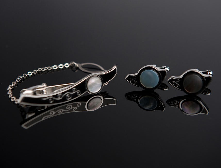 Mother of Pearl Circle Design Tie Clip Bar Clasp Pin Round Cufflinks Gift Set