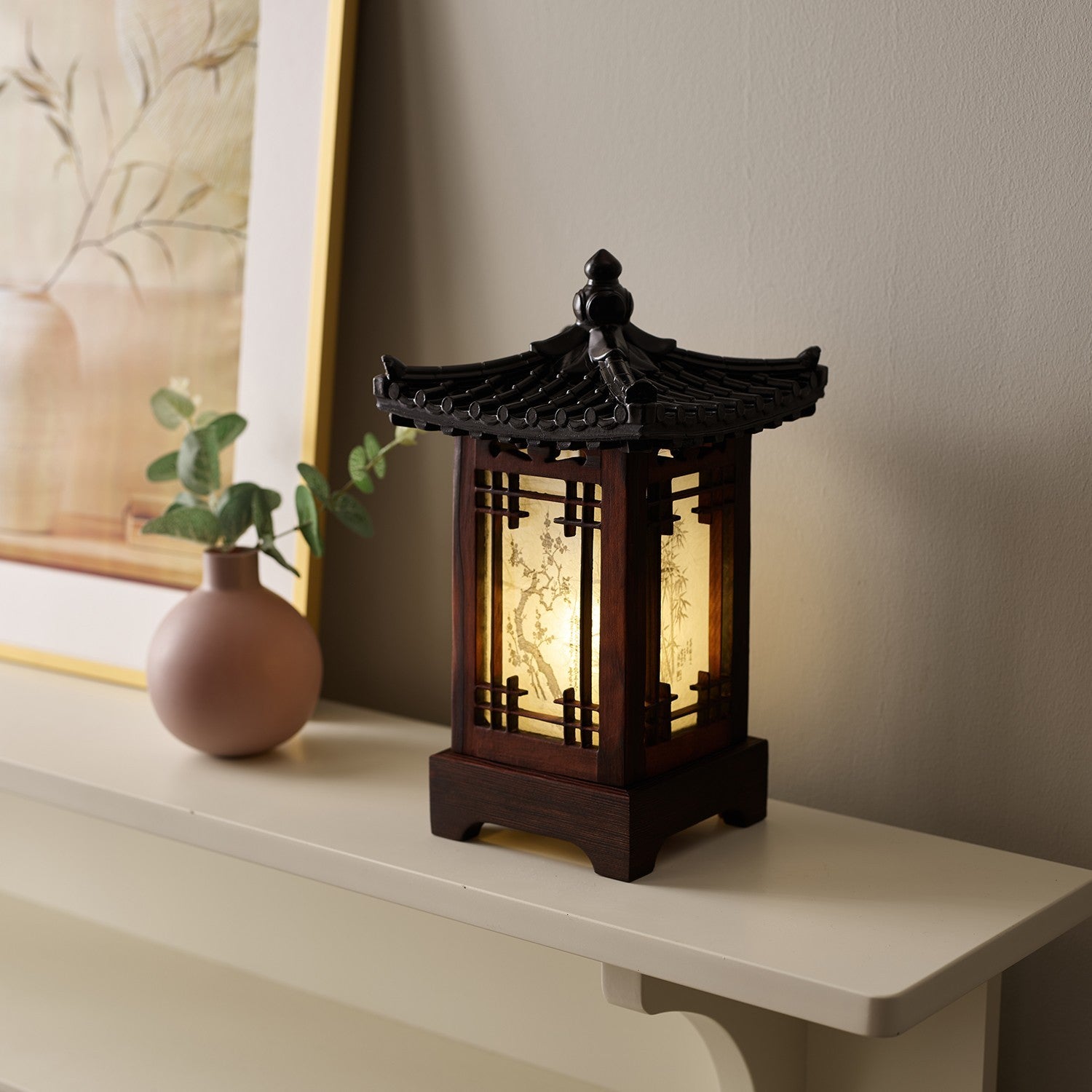 Carved Wood Lamp Lantern Brown Asian Bedside Bedroom Table Light Home Art Decor