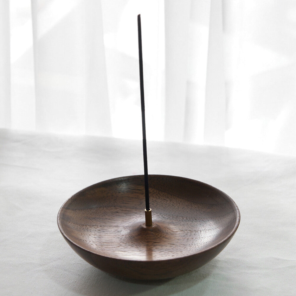 Solid Walnut Wood No Mess Incense Stick Round Bowl Holder Burner Ash Catcher 