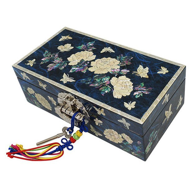 Mother of Pearl Blue Wood Jewelry Box Trinket Keepsake Organizer Chest Holder