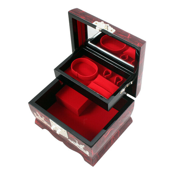 Mother of Pearl Wood Musical Red Jewelry Necklace Ring Music Treasure Box Case
