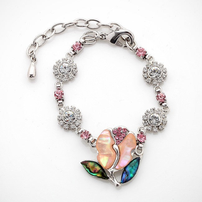 Mother of Pearl Pink Tulip Flower Rhinestone Dangle Shell Link Charm Bracelet