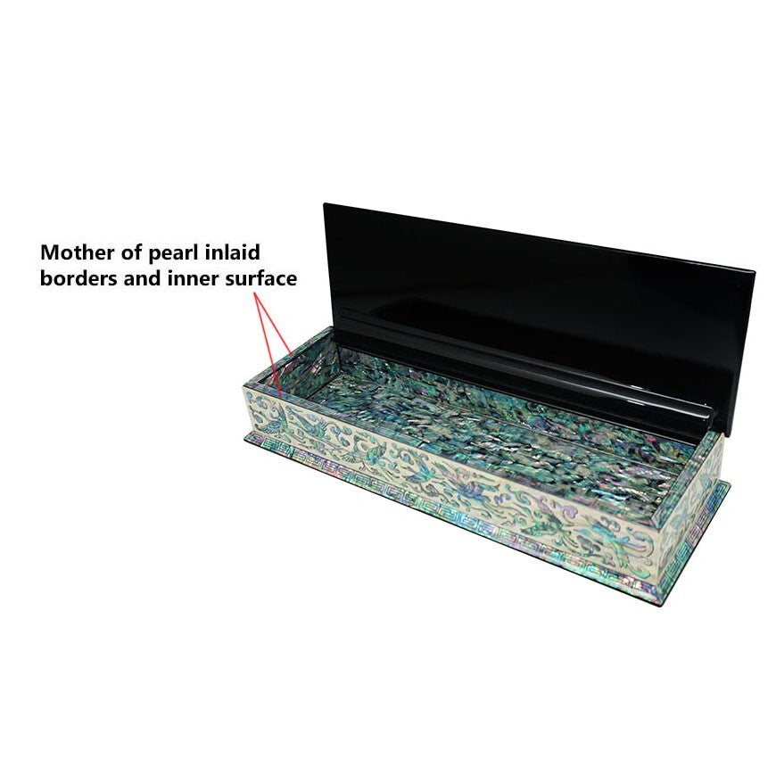 Mother of Pearl Inlay Desk Wood Pen Pencil Brush Holder Lid Case Box Organizer