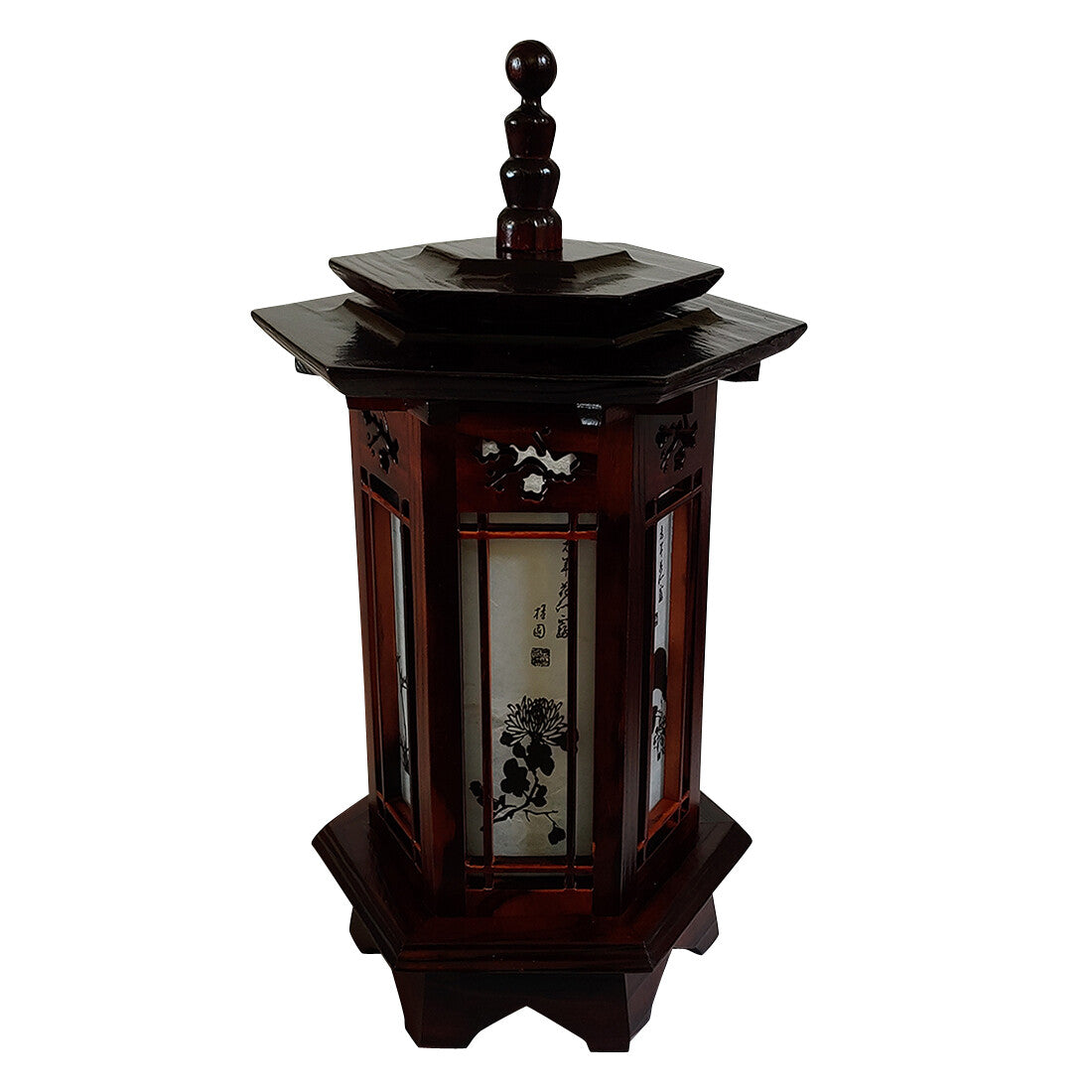 Hexagonal Carved Wood Art Deco Lantern Brown Bedside Bedroom Table Lamp Light