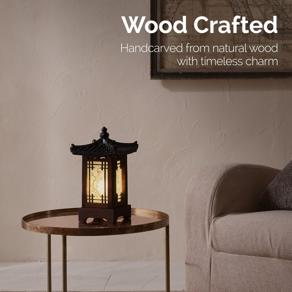 Carved Wood Lamp Lantern Brown Asian Bedside Bedroom Table Light Home Art Decor