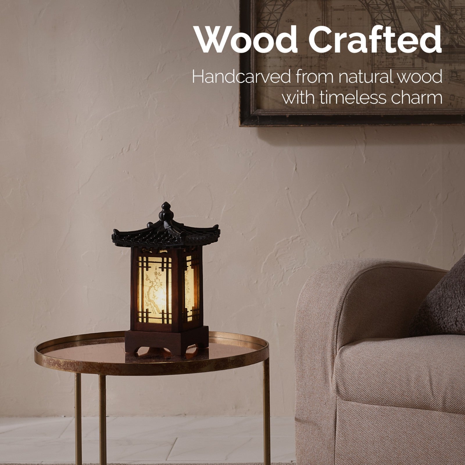 Carved Wood Lamp Lantern Brown Asian Bedside Bedroom Table Light Home Art Decor