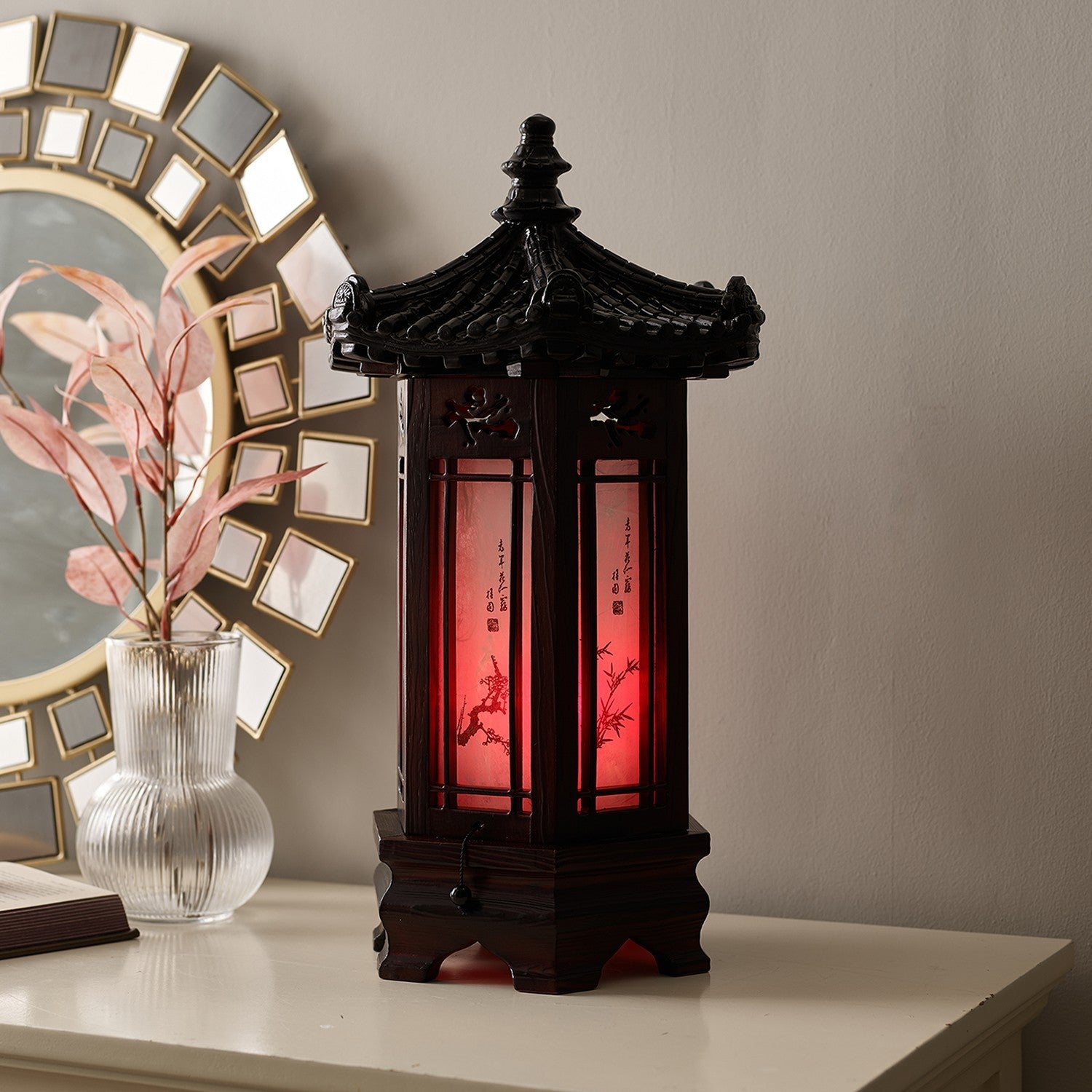 Hexagonal Carved Wood Lantern Brown Art Deco Bedside Bedroom Table Lamp Light