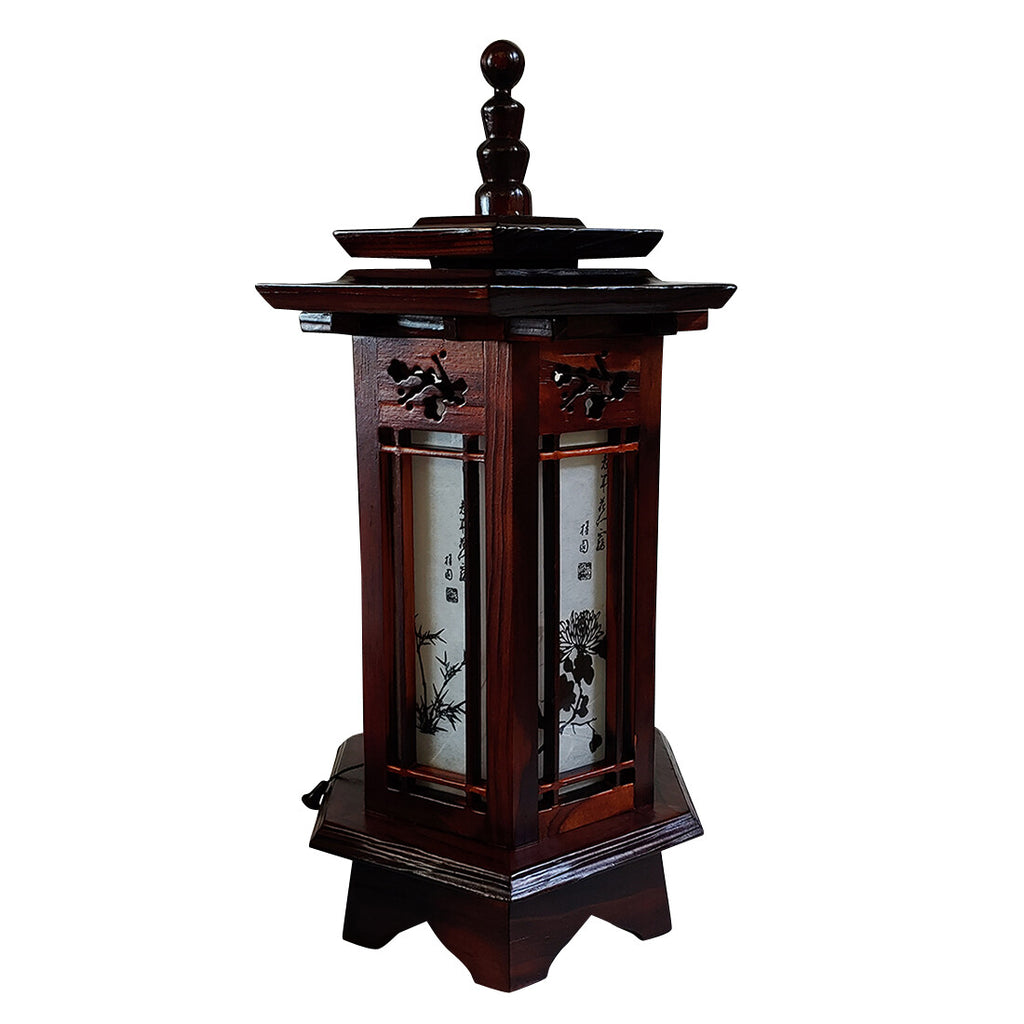 Hexagonal Carved Wood Art Deco Lantern Brown Bedside Bedroom Table Lamp Light