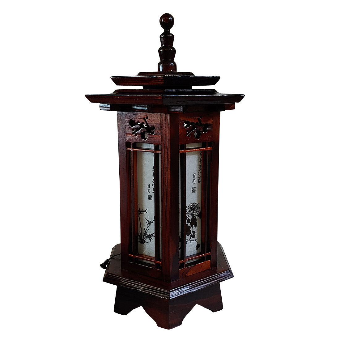 Hexagonal Carved Wood Art Deco Lantern Brown Bedside Bedroom Table Lamp Light