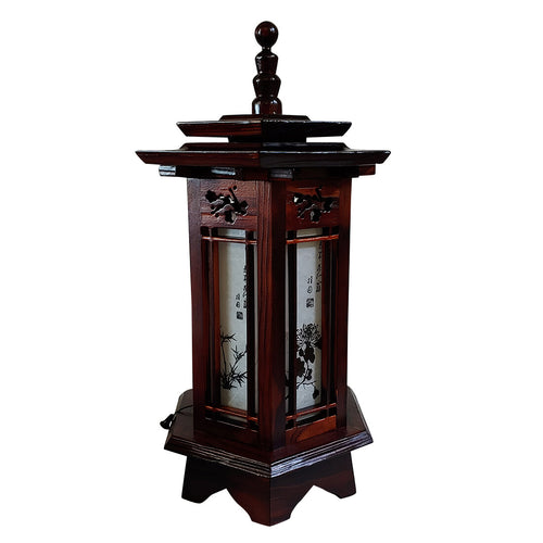 Hexagonal Carved Wood Art Deco Lantern Brown Bedside Bedroom Table Lamp Light